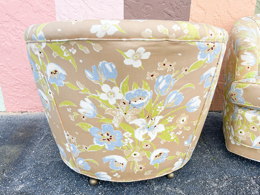 Pair of Granny Chic Upholstered Swivel Chairs