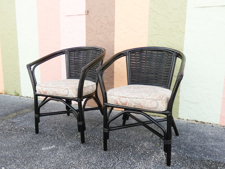 Pair of Painted Black Rattan Barrel Chairs