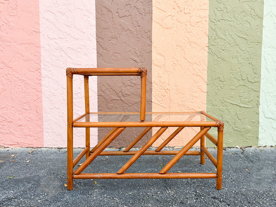 Handsome Two Tier Rattan Side Table