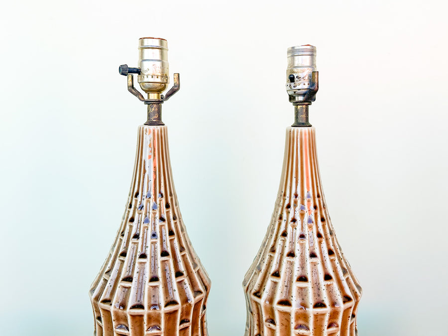 Pair of MCM Tiki Ceramic Lamps