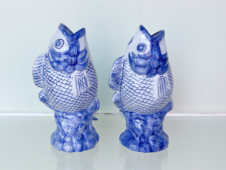 Pair of Blue and White Koi Vases