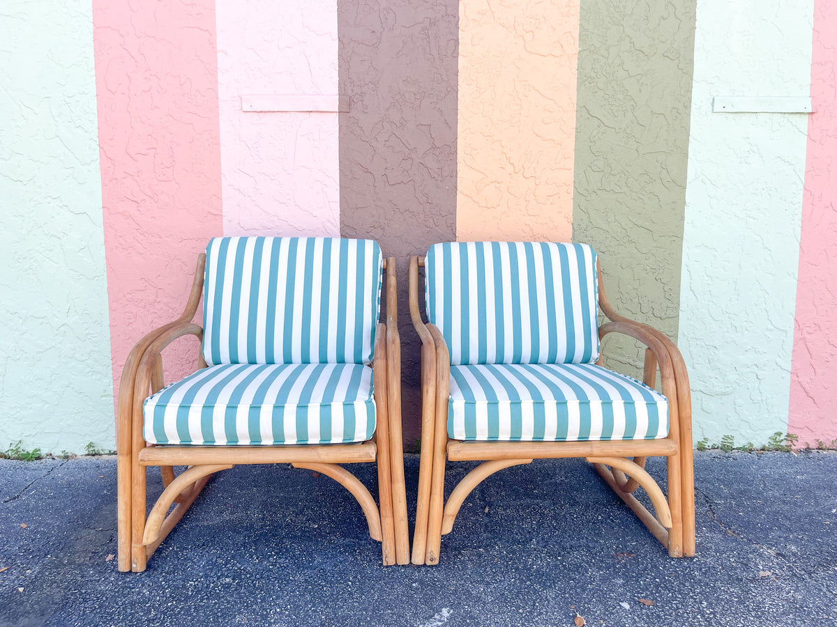 Pair of Sweet Striped Rattan Lounge Chairs