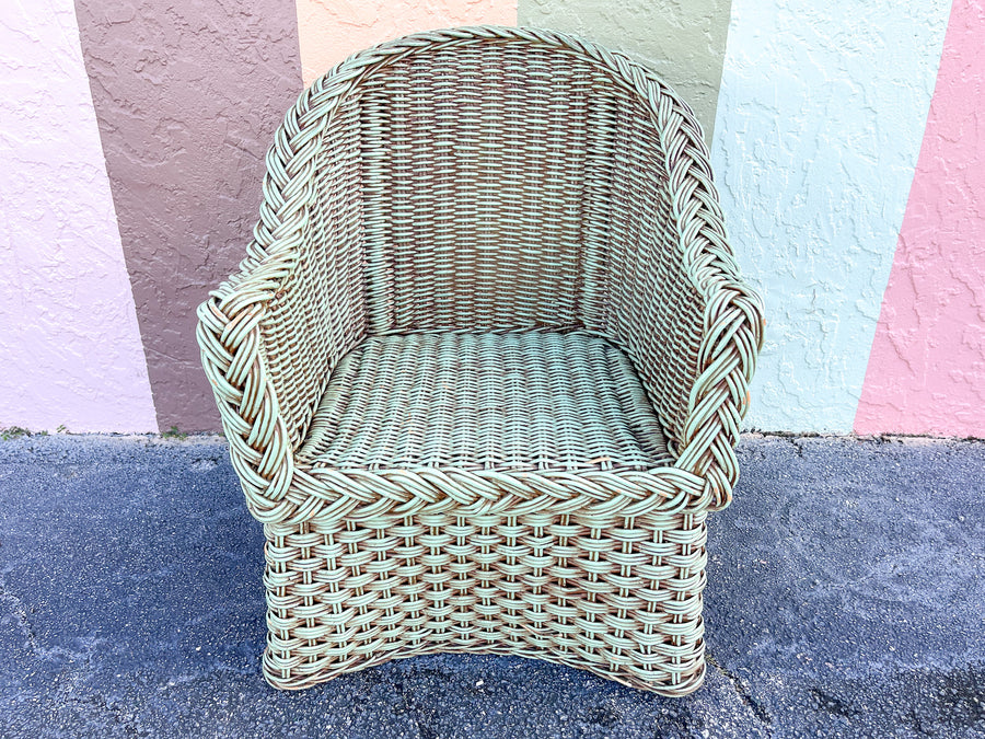Pair of Braided Rattan Green Lounge Chairs