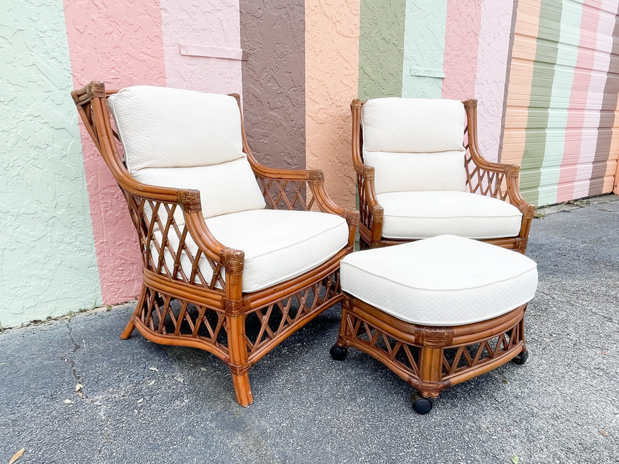 Pair of Rattan Wingback Chairs and Ottoman