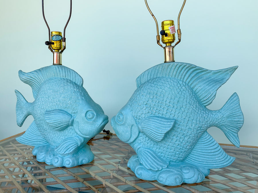 Pair of Kissing Fish Plaster Lamps
