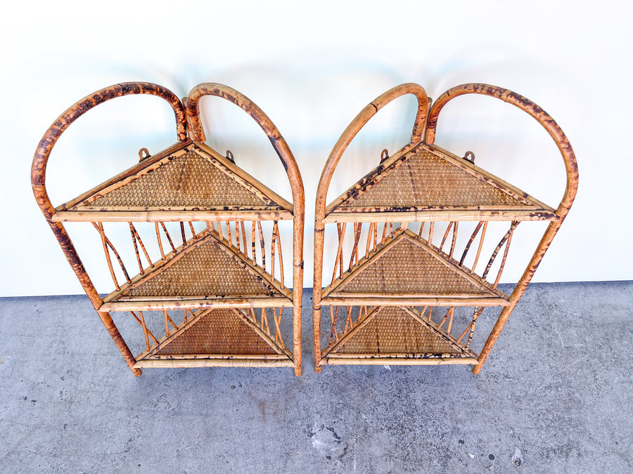 Pair of Tortoiseshell Rattan Corner Shelves