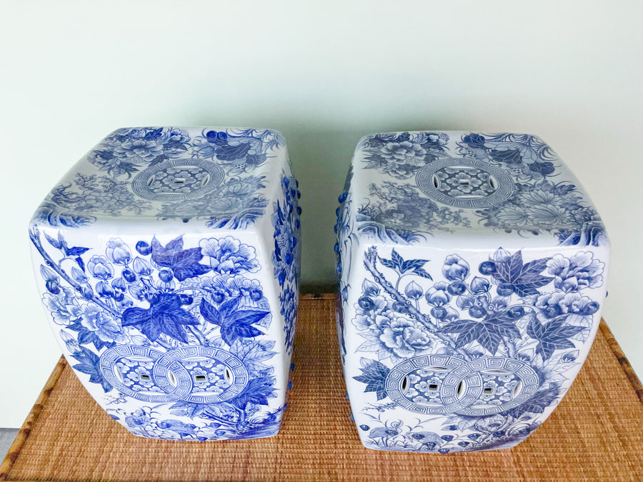 Pair of Oversized Blue and White Garden Seats