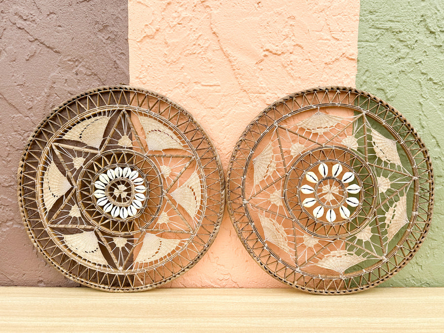 Pair of 70s Chic Rattan and Shell Wall Art
