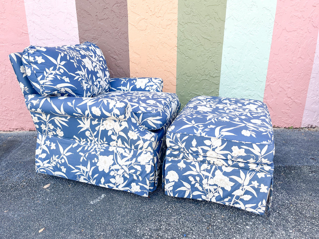 Blue and White Upholstered Chair and Ottoman