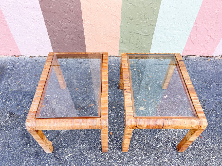 Pair of Island Chic Rattan Wrapped Side Tables