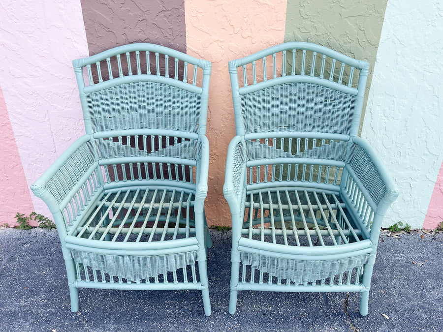 Pair of Seafoam Rattan Arm Chairs