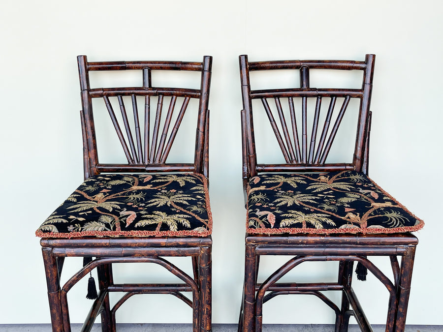 Pair of Tortoiseshell Rattan Bar Stools