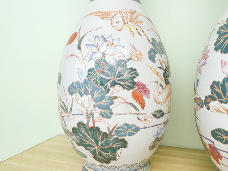 Pair of Large Colorful Heron Vases