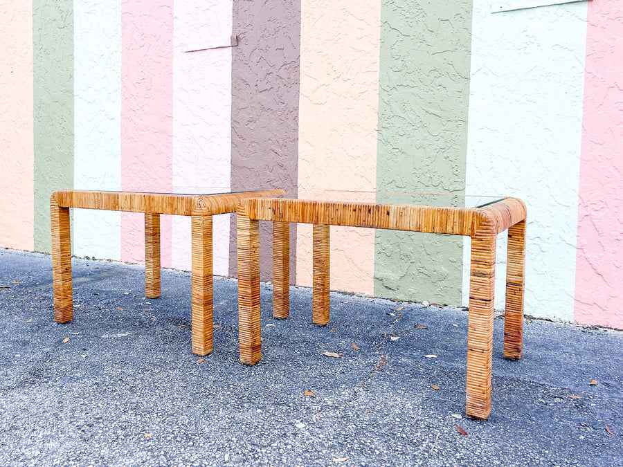 Pair of Island Chic Rattan Wrapped Side Tables