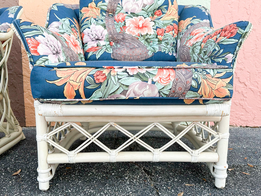 Pair of Ficks Reed Rattan Lounge Chairs and Ottomans