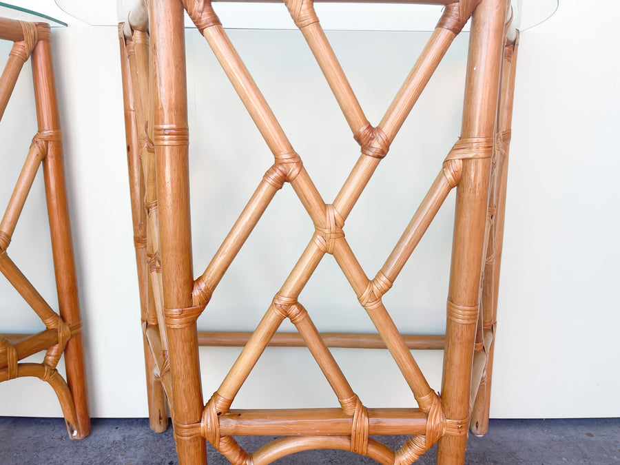 Pair of Rattan Chippendale Demilunes