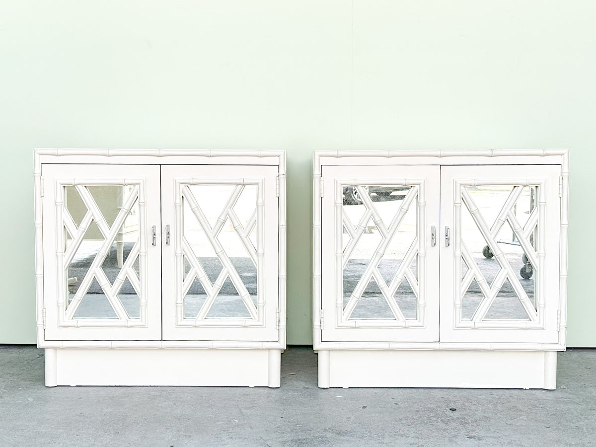 Pair of Faux Bamboo Mirrored Chippendale Nightstands