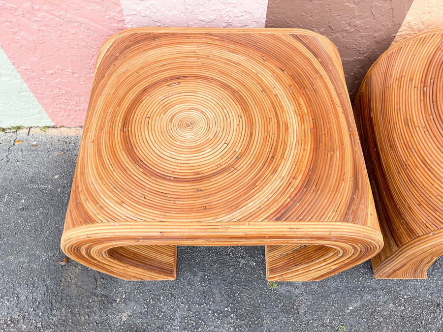 Pair of Gabriella Crespi Style Pencil Reed Rattan Side Tables