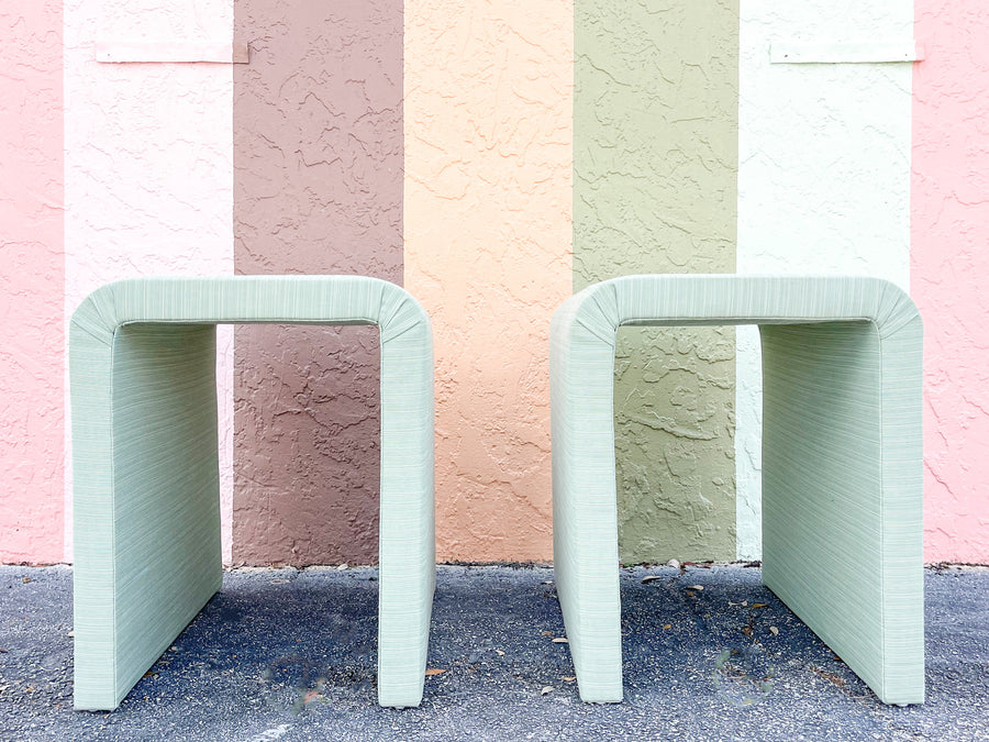 Warehouse Wednesday: Pair of Seafoam Upholstered Side Tables