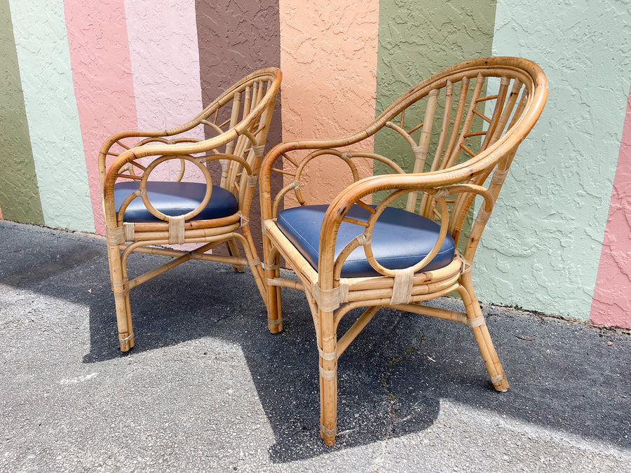 Pair of Coastal Rattan Arm Chairs