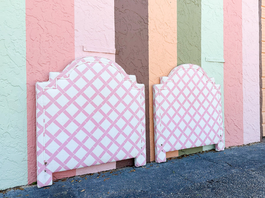Pair of Pink Lattice Upholstered Twin Headboards