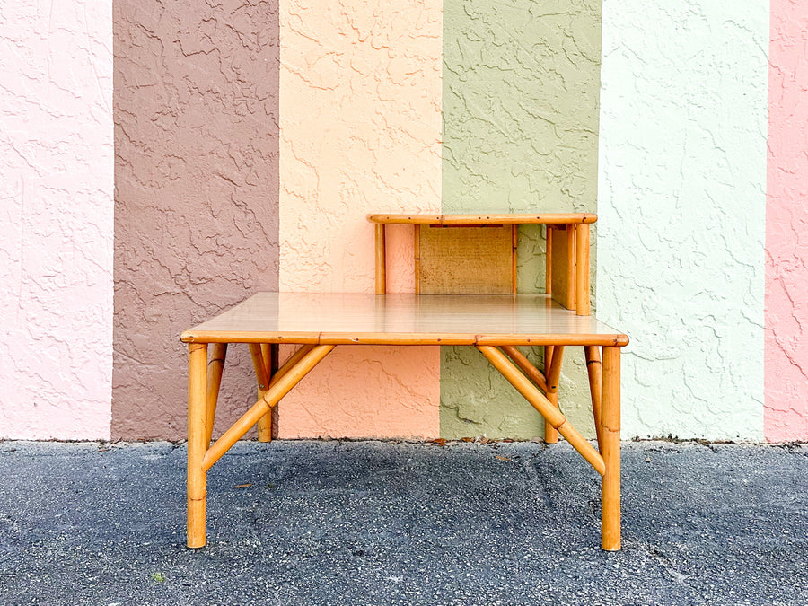 Old Florida Two Tier Rattan Corner Table