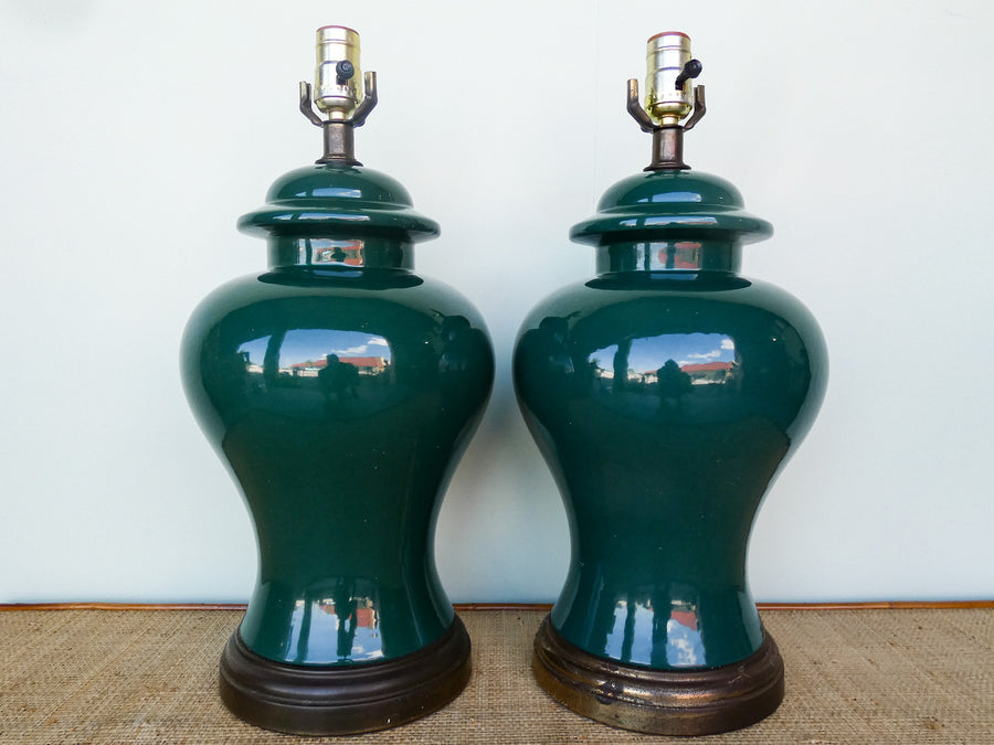 Pair of Forest Green Ginger Jar Lamps