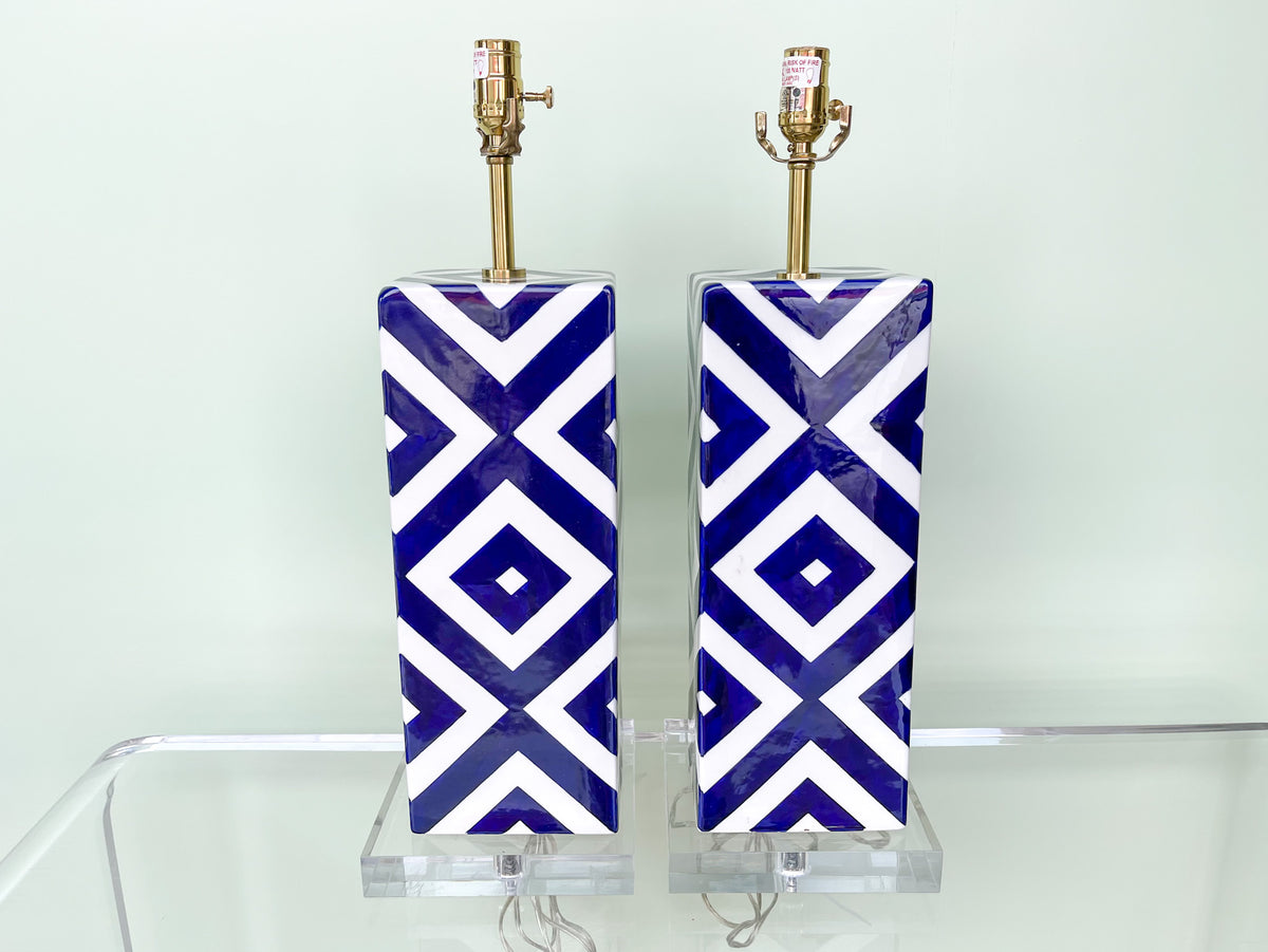 Pair of Modern Blue and White Chevron Lamps