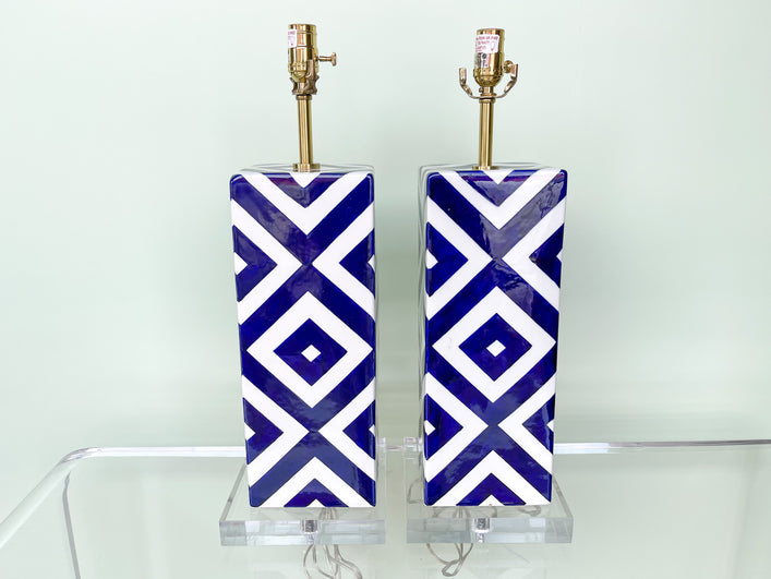 Pair of Modern Blue and White Chevron Lamps