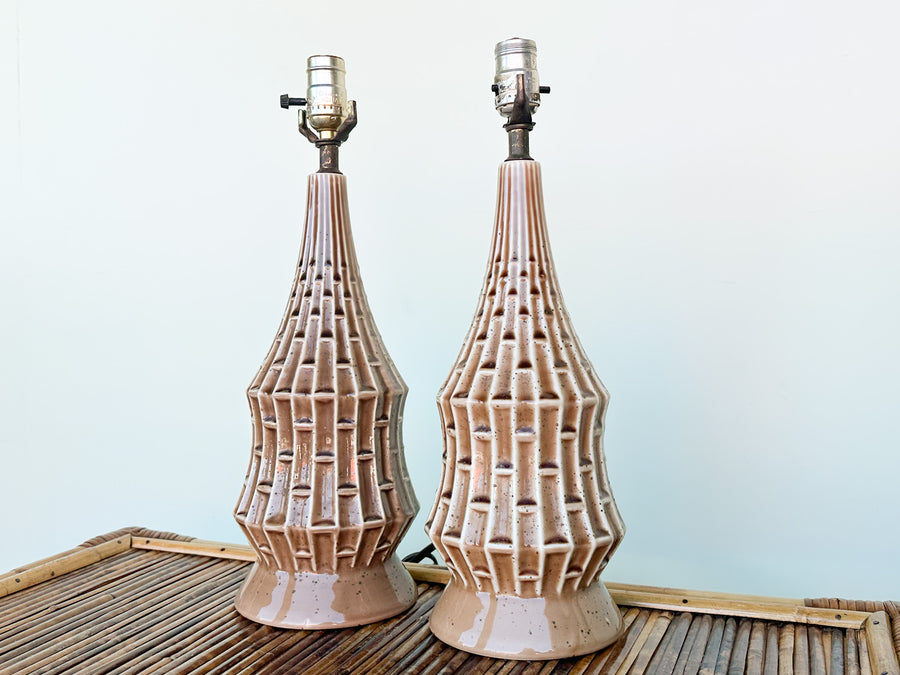 Pair of MCM Tiki Ceramic Lamps