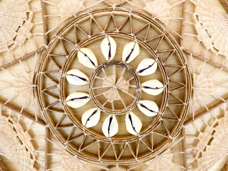 Pair of 70s Chic Rattan and Shell Wall Art
