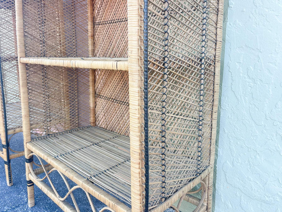 Pair of Coastal Buri Rattan Etageres