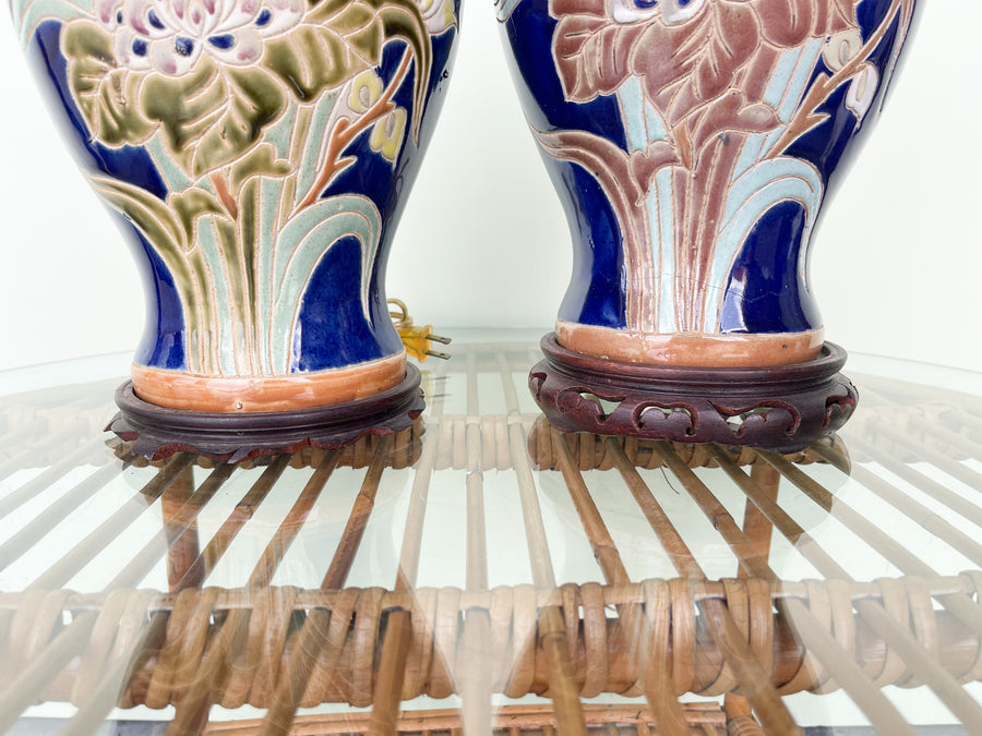 Pair of Navy Floral Lamps