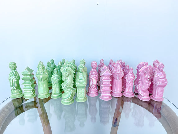 Pink and Green Ceramic Pagoda Chess Pieces