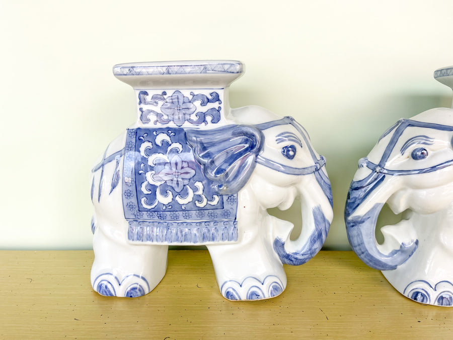 Pair of Petite Blue and White Elephant Garden Seats