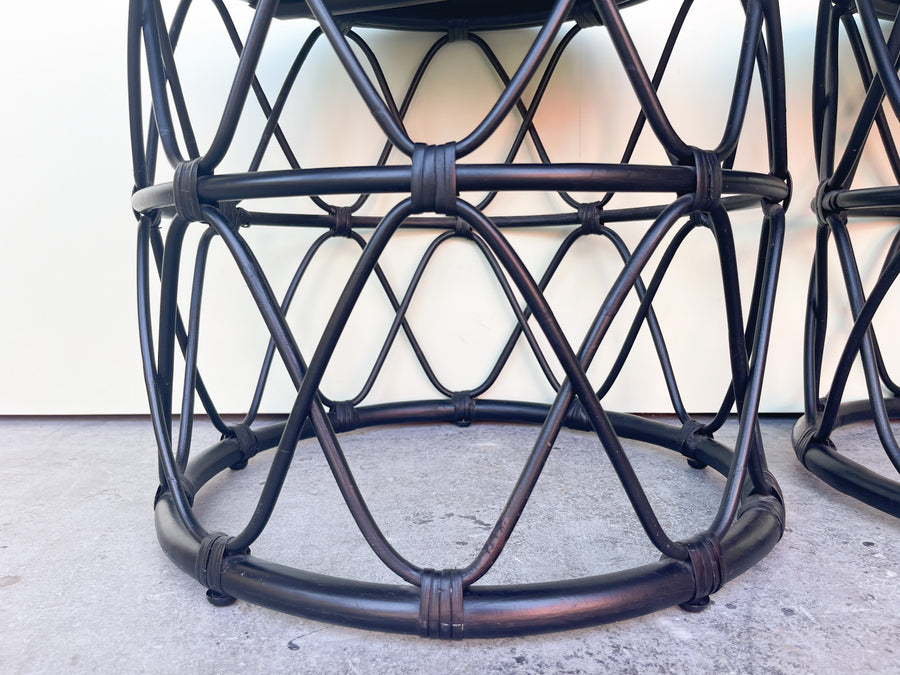 Pair of Black Rattan Drum Tables