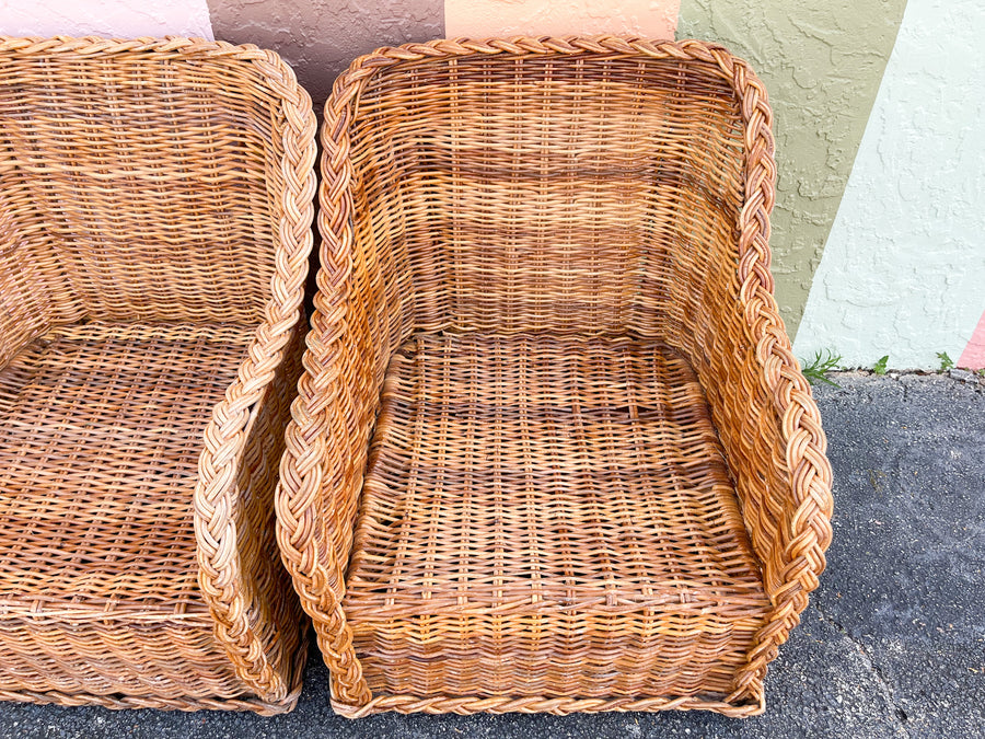 Pair of Braided Rattan Lounge Chairs