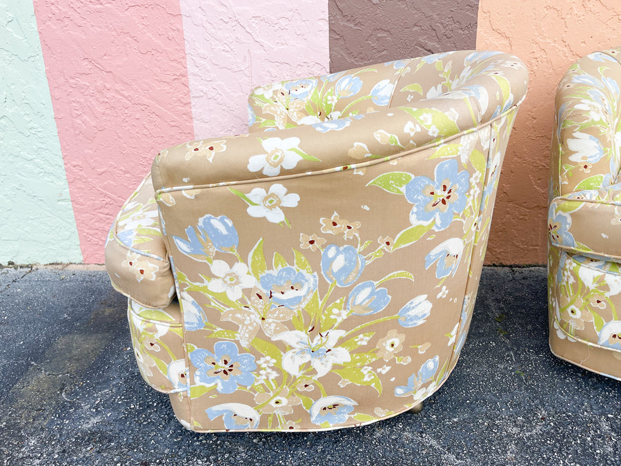 Pair of Granny Chic Upholstered Swivel Chairs