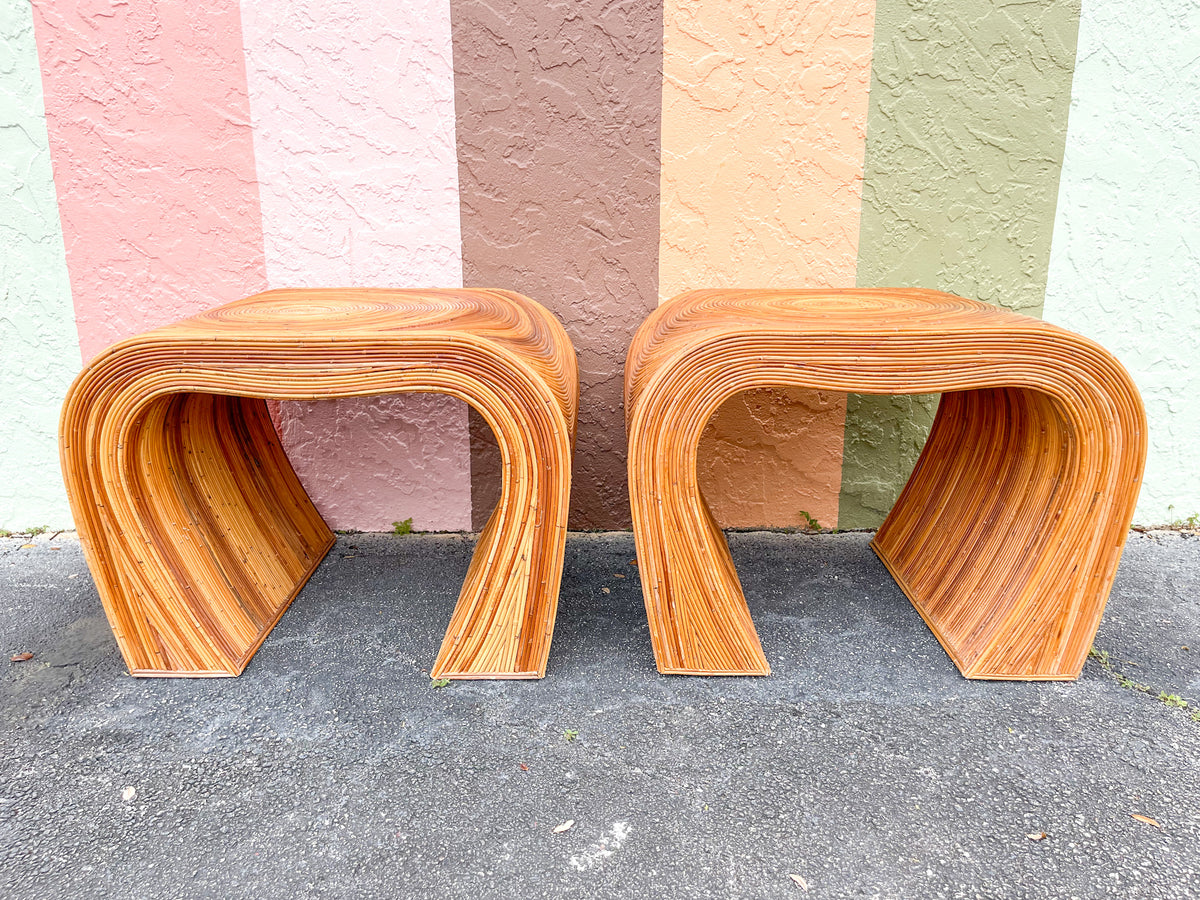 Pair of Gabriella Crespi Style Pencil Reed Rattan Side Tables