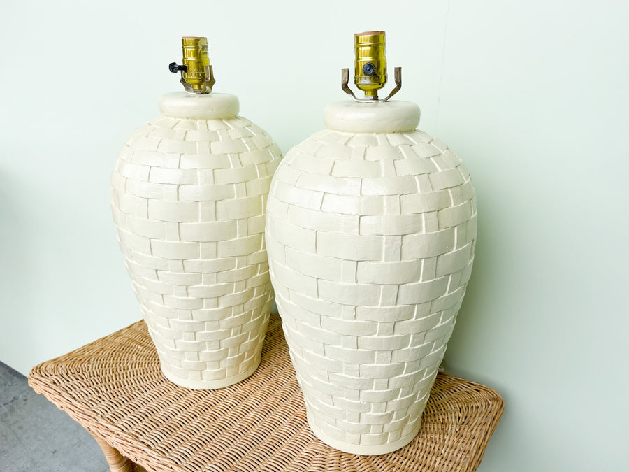 Pair of Butter Yellow Woven Plaster Lamps