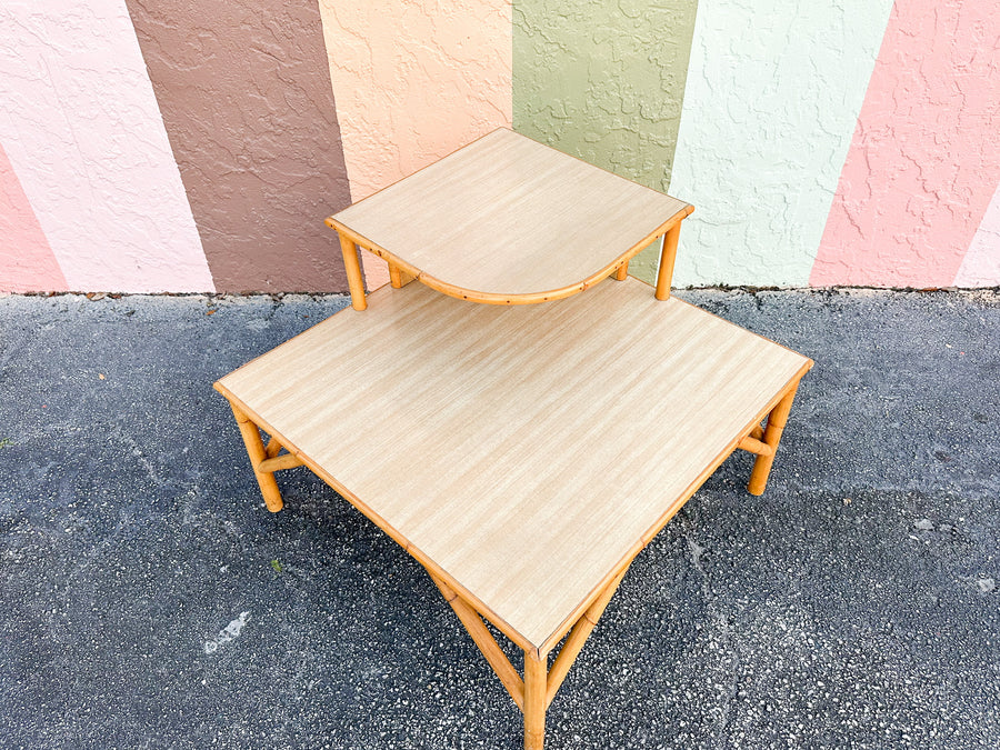 Old Florida Two Tier Rattan Corner Table