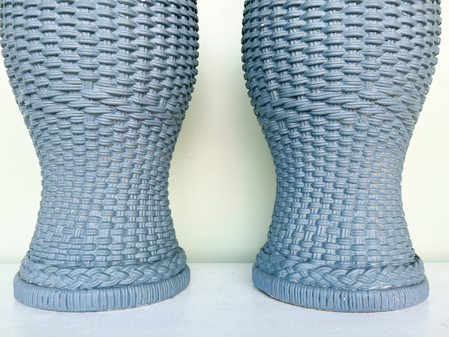 Pair of Cornflower Blue Woven Plaster Lamps