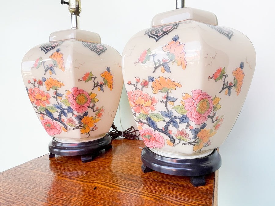 Pair of Colorful Floral Ginger Jar Lamps