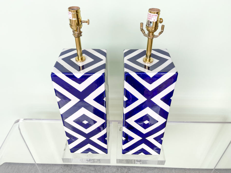 Pair of Modern Blue and White Chevron Lamps