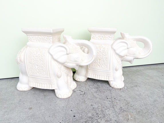 Pair of White Ceramic Elephant Garden Seats