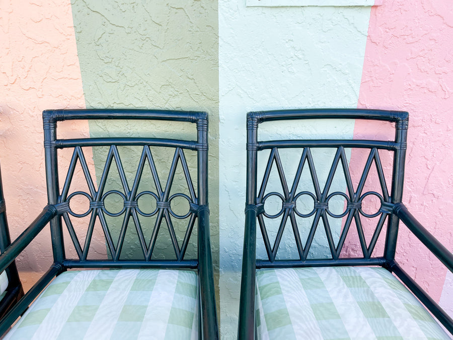 Set of Four Hunter Green Rattan Arm Chairs