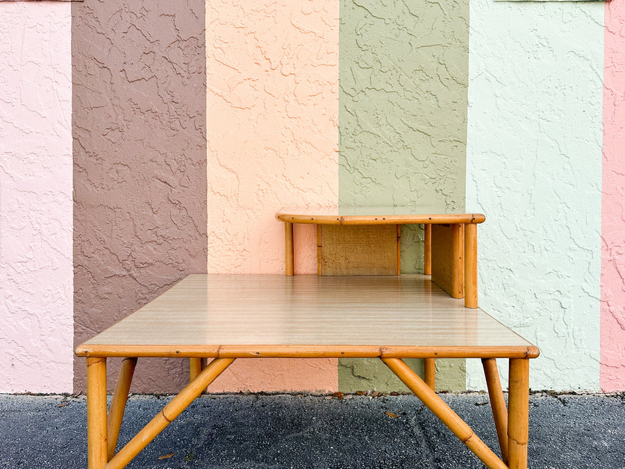 Old Florida Two Tier Rattan Corner Table
