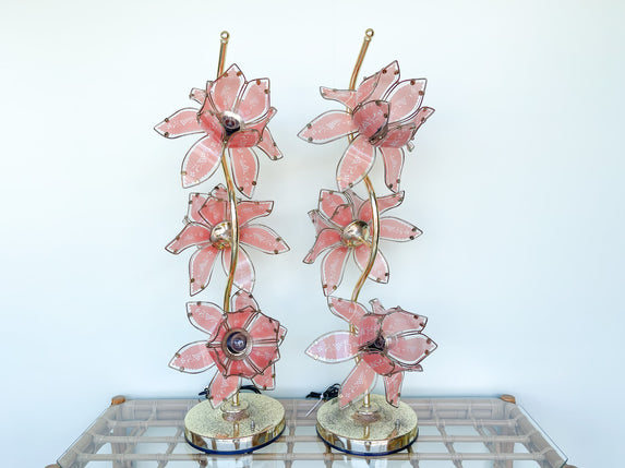 Pair of Pink Lotus Flower Lamps
