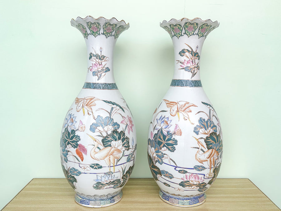 Pair of Large Colorful Heron Vases