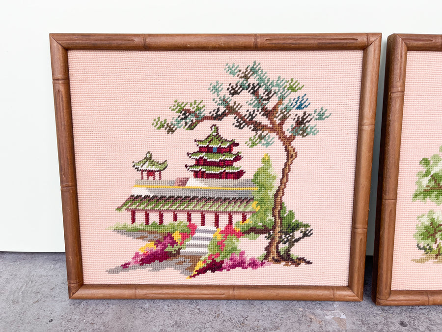 Pair of Pagoda Needlepoint
